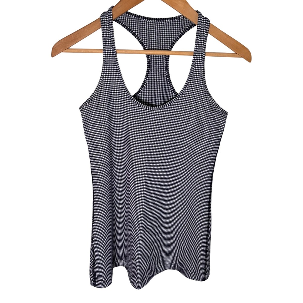 Lululemon Navy Blue Gingham Racerback Tank Top Slim Fit Athletic Scoop Neck